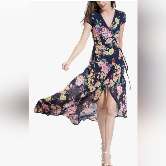 Casual Flowy Split Floral Print Wrap Long Maxi Dress, NAVY, SZ: XS ~ NWT - Picture 2 of 8